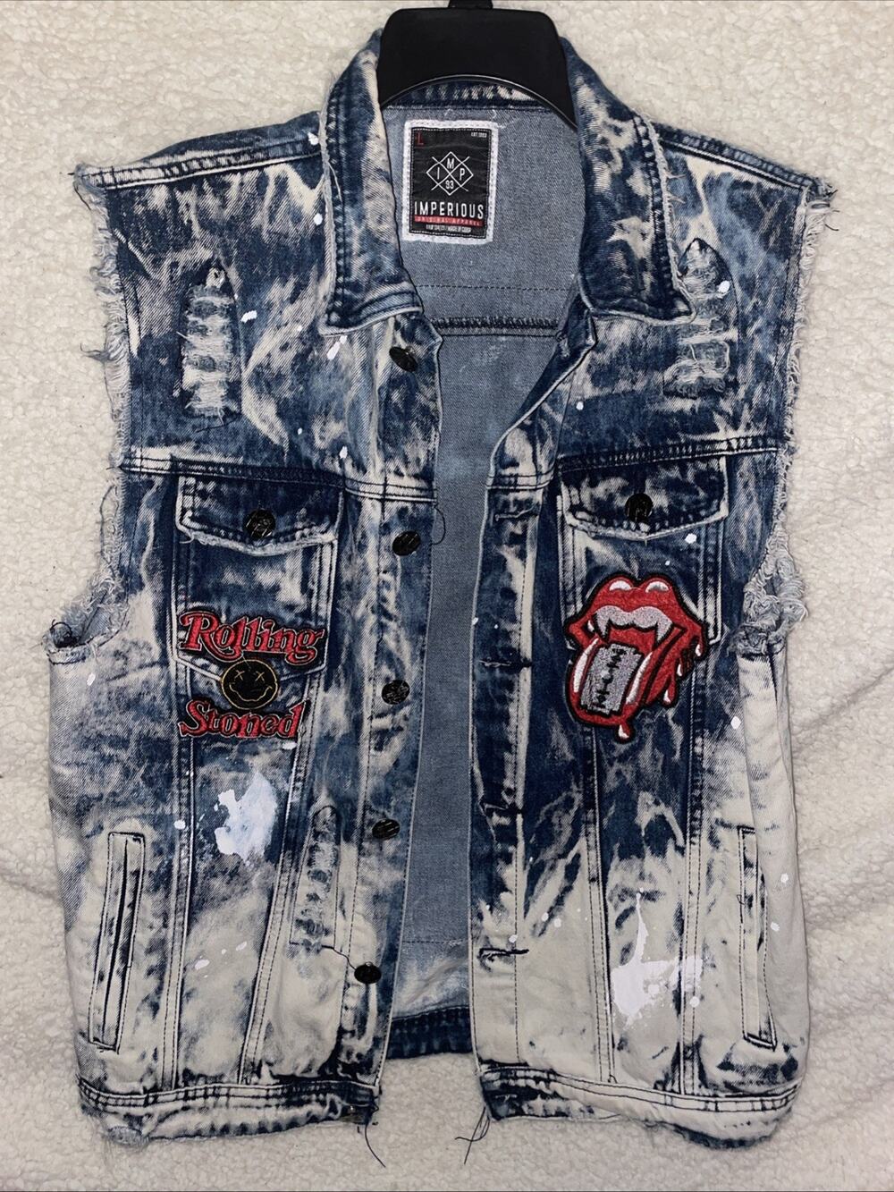 Imperious Rolling Stoned Rocker Biker Denim Acid Wash Vest Jacket Men's Large